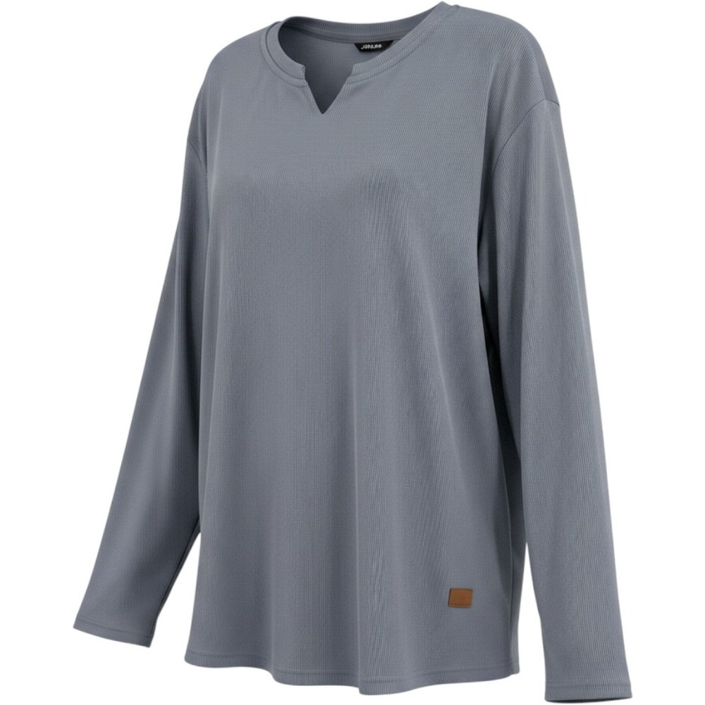 JMIERR  Grey Ribbed Long Sleeve Notch Neck T-Shirt Curved Hem Top Womens 2XL